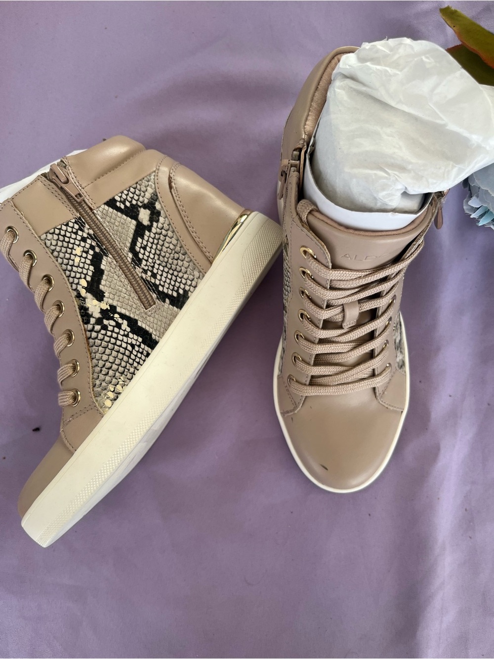 Aldo Taupe High-Top Sneakers with Snake-Print Panels